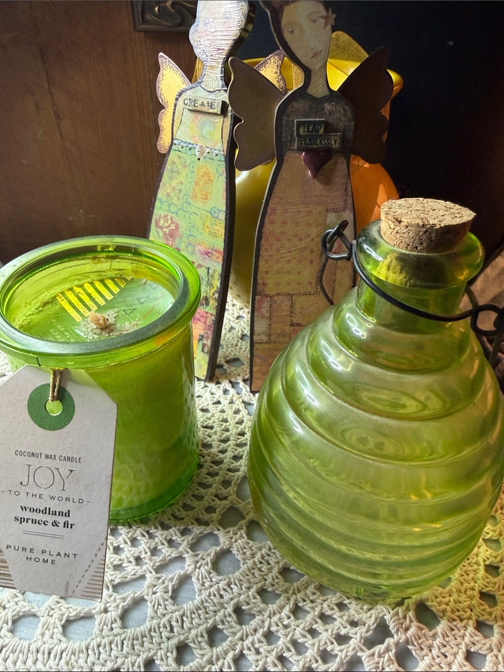 Green Glass Decorative Bottle and Candle Set
